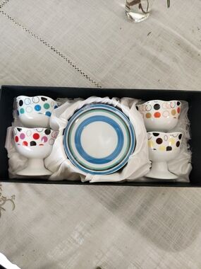 Bijoux Terner Multicolor Polka Dot Dessert Bowl and Blue Stripe Plate Set
